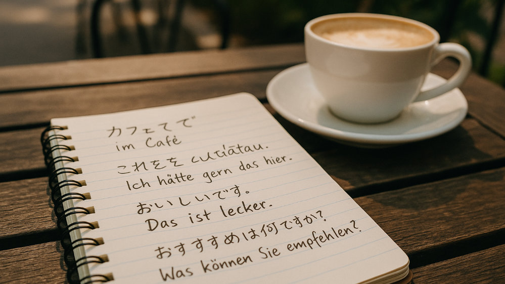 カフェの屋外テーブルで開かれたノートに日本語とドイツ語の単語が手書きされている様子