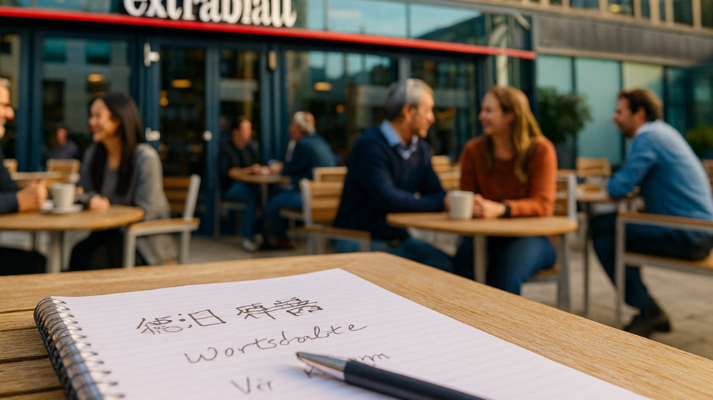 ドイツのカフェのテラス席で飲み物を前に会話している人たちの様子