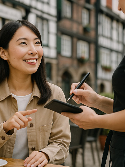 ドイツ旅行中にカフェでドイツ語を使う日本人観光客
