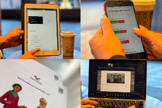 日本人学習者が自宅やカフェ、駅など実際の生活シーンでノートパソコン、デスクトップ、タブレット、スマートフォンを使ってドイツ語を学んでいる様子