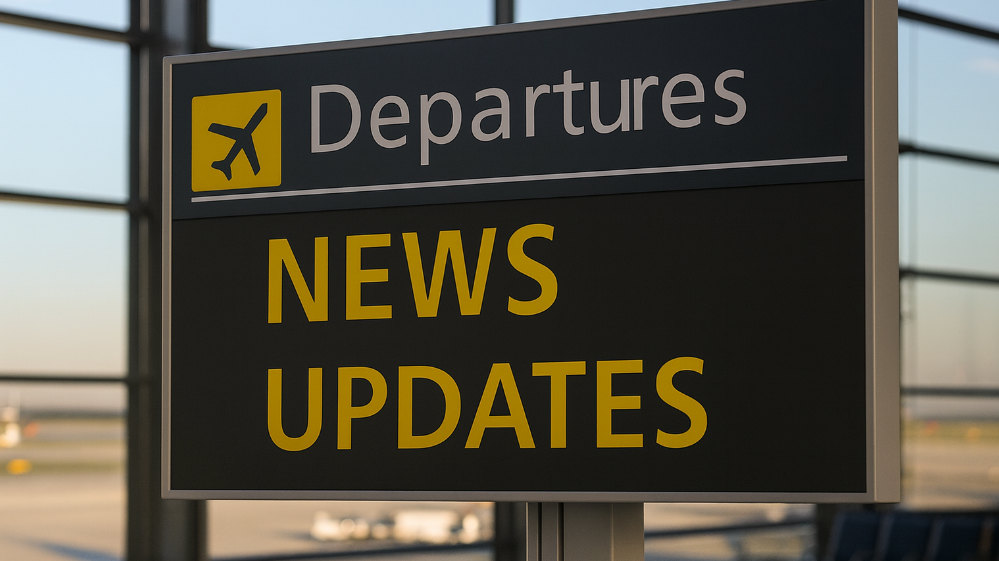 空港の出発案内ボードにNEWSとUPDATESの文字が表示されているイメージ